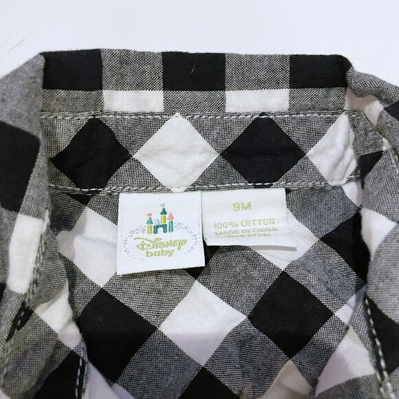 Disney Baby Mickey Mouse Black & White Plaid Button Up SS Shirt Sz 9M Cotton - Picture 2 of 4